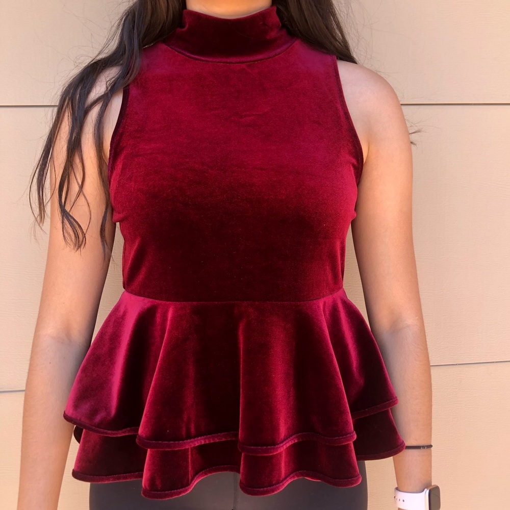 Red Velvet Peplum Top Sz M